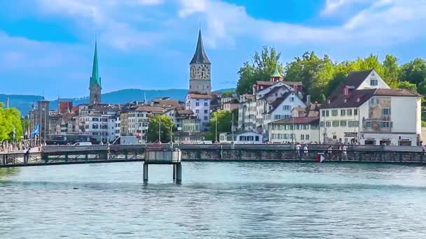 Vista Zurich Desde Río Limmat — Vídeo de stock
