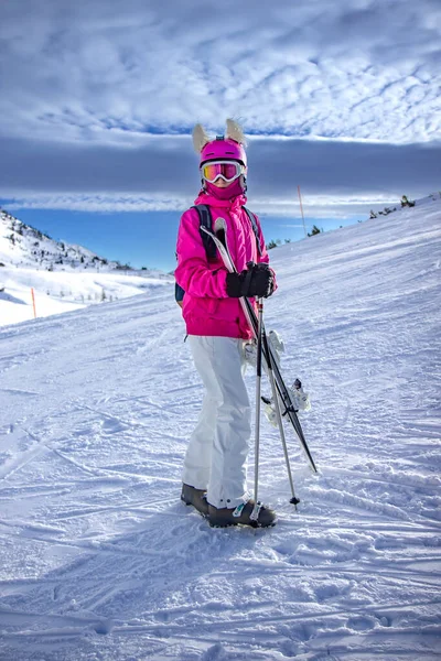 Girl Ski Slope Austrian Alps Obertauern — Stock Photo, Image