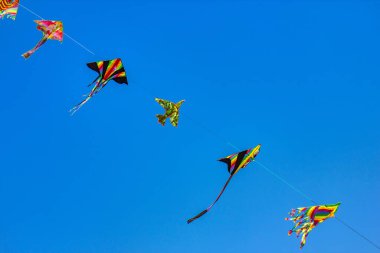 Çocuklar yazın mavi gökyüzünde uçurtma uçurur.