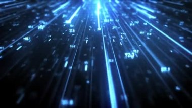 Büyük Veri Dijital İşletmeleri Hitech Soyut bir duvar kağıdının 4k animasyonu Büyük bir veri iş dünyası dijital teknolojisi arkaplanı Bağlı hatlar ve alan derinliği ile akan sayı matrisi