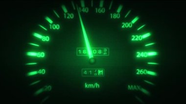 Bir araba ya da kamyon hız göstergesi başlangıç arkaplanının Speed Fx / 4k animasyonuyla birlikte hız ölçer ivmesi, tam hız konumunda işaret göstergesi ve ivme titreşimlerini simüle etme efekti