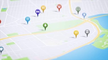 Smartphone App Map With Shopping Pins/ 4k animation of an app screen of traveling city map background with shopping icons and pins appearing