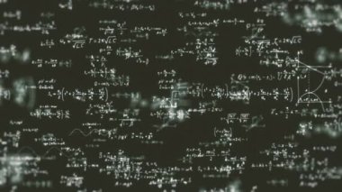 Matematik Denklemleri ve Formülleri Karatahta / 4k animasyonunda matematik denklemleri ve rakamları tebeşirle okul tahtasına yazılmış bulanık ve alan derinliği