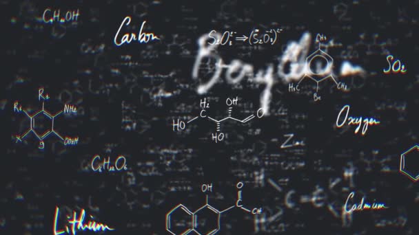 化学式Blackboard 4K上の化学式の抽象的な科学的背景の運動グラフィックスと学校の黒板にチョークで書かれた図ぼかしやフィールドの深さでズーム — ストック動画