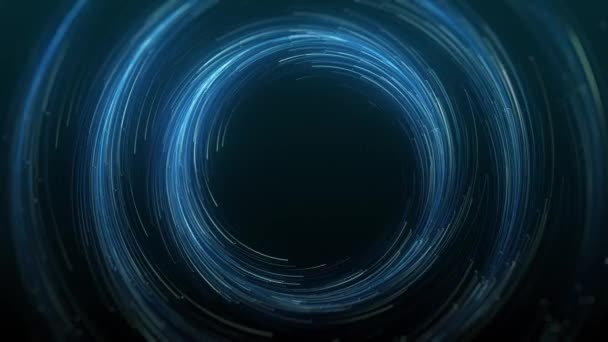 旋转粒子的同心圆 同心圆周运动中抽象旋转粒子灯的4K动画 具有场模糊的辉光效果和深度 — 图库视频影像