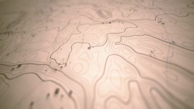 3d Topografik Harita Keşif Arkaplan / 4k animasyon üç boyutlu bir topografik harita keşfi katmanlı çizgili arazi rahatlığı ve alan işaretleri ve beyaz yırtık kağıt üzerinde alan bulanıklığı