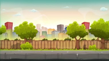 Karikatür Şehri Manzarası Parallax Efekti / 4k animasyonu ile 3D bir karikatür şehir manzarası alan bulanıklığı ve mesaj veya parti daveti koymak için yer yakınlaştırma