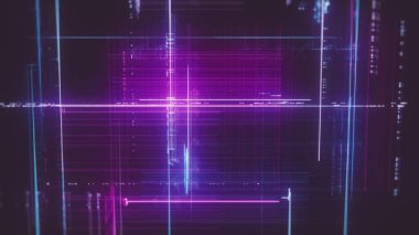 3d İleri Teknoloji Dijital Neon Izgarası / Soyut teknoloji arkaplanı 3d neon şebekesi yapısı yavaşça dönen ve alan bulanıklığının derinliği