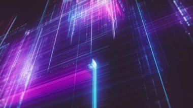 3d İleri Teknoloji Dijital Neon Izgarası / Soyut teknoloji arkaplanı 3d neon şebekesi yapısı yavaşça dönen ve alan bulanıklığının derinliği