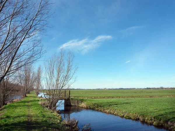 Canals Green Grass Meadows Rotterdam Holland Blue Early Spring Sky — Stock Photo, Image