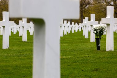 İlkbaharda Hollanda 'daki Margraten' deki Amerikan Anıtı ve Askeri Mezarlığı 'nda beyaz haçlar.