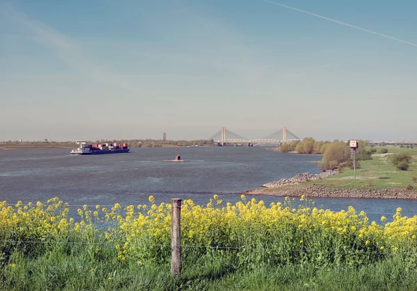 Barka Rzece Wołowiny Dolnych Krainach Pod Błękitnym Niebem Żółtymi Kwiatami — Zdjęcie stockowe