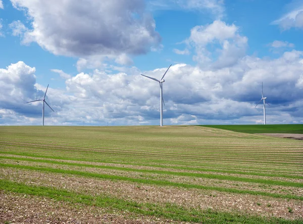 Cloudy Sky Almost Abstract Fields Countryside Northern France Wind Turbines — Stock Photo, Image