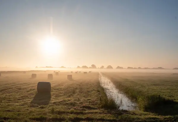 stock image morning fog and hay bales in meadow during sunset in national park weerribben wieden near sint jansklooster in dutch province of overijssel