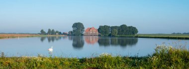 lonely swan near pumping station A.F. Stroink in dutch national park weerribben wieden under blue sky clipart