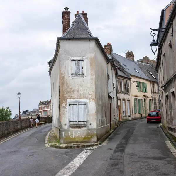 stock image laon, france, 21 july 2024: old narrow house in medieval fortified city of Laon in the north of france with view over surrounding landscape