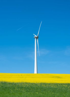 Baharda mavi gökyüzünün altında rüzgâr türbini bulunan Lüksemburg 'da tarım arazisi