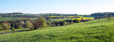 Alman doğa parkındaki ağaçların ve tarlaların taze bahar renkleriyle dolu kırsal alan mavi gökyüzünün altında saar-hunsrueck