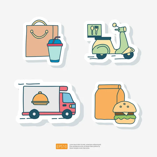 Saco Comida Food Truck Doodle Conjunto Serviço Entrega Alimentos Relacionados — Vetor de Stock