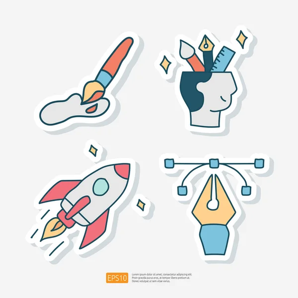 Kreativität Verwandte Doodle Sticker Icon Kreatives Design Inspiration Pinsel Rakete — Stockvektor