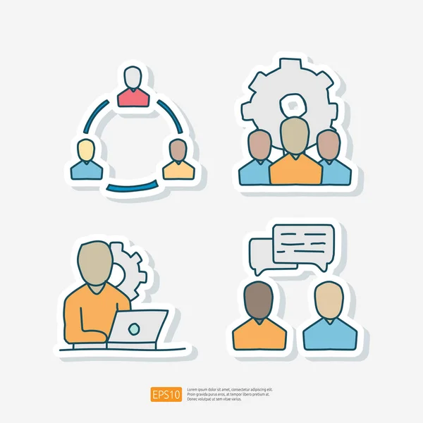 Sæt Doodle Klistermærke Ikon Team Kommunikation Samtale Teamwork Leader Arbejdstagere – Stock-vektor