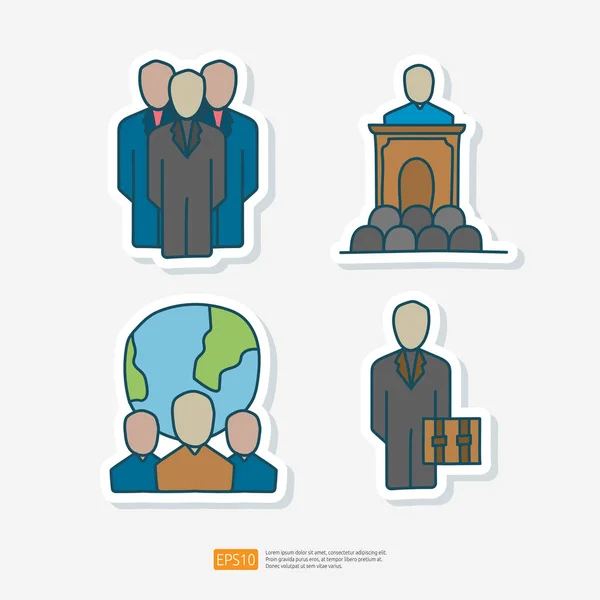 Chef Entreprise Politicien International Doodle Sticker Icône Debout Podium Réunion — Image vectorielle