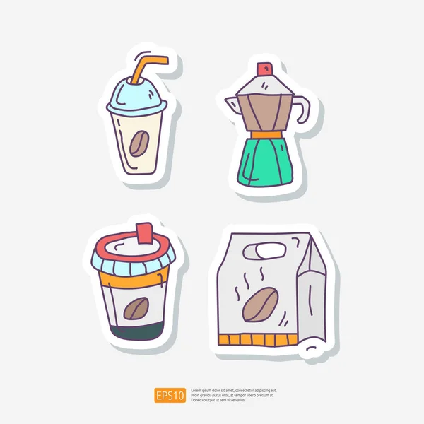 Eiskaffee Oder Tee Wasserkocher Papiertasse Zum Mitnehmen Und Kaffeepackbox Doodle — Stockvektor