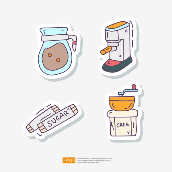 Kaffeemaschine Wasserkocher Zuckerbeutel Und Kaffeemühle Doodle Sticker Icon Set Vorhanden — Stockvektor