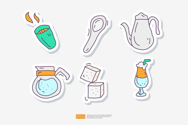 Kaffee Oder Teetasse Löffel Wasserkocher Zuckerbar Eismilchshake Doodle Sticker Icon — Stockvektor