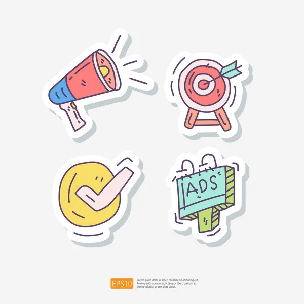 Werbung Und Marketing Aufkleber Doodle Symbol Set Mit Megafon Dart — Stockvektor