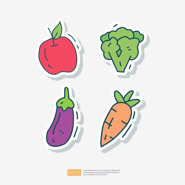 Apple Broccoli Eggplant Fruit Carrot Doodle Icon Fruit Vegetable Healthy — Stock Vector