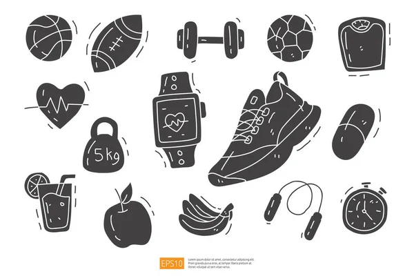 Fitness Gezond Leven Doodle Icon Set Vectorillustratie — Stockvector
