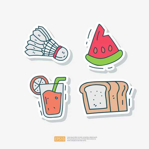 Federball Wassermelonenfrucht Zitronensaft Brot Toast Doodle Ikone Sport Fitness Und — Stockvektor