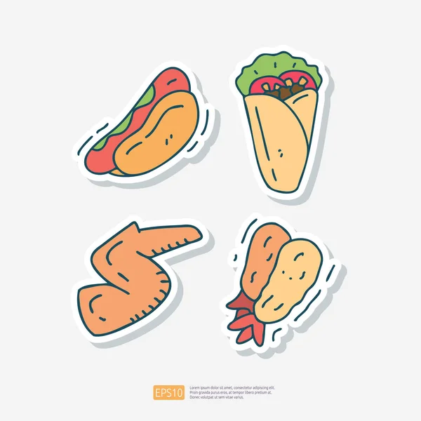 Hot Dog Sausage Shawarma Kebab Chicken Wing Shrimp Tempura Doodle — Stock Vector