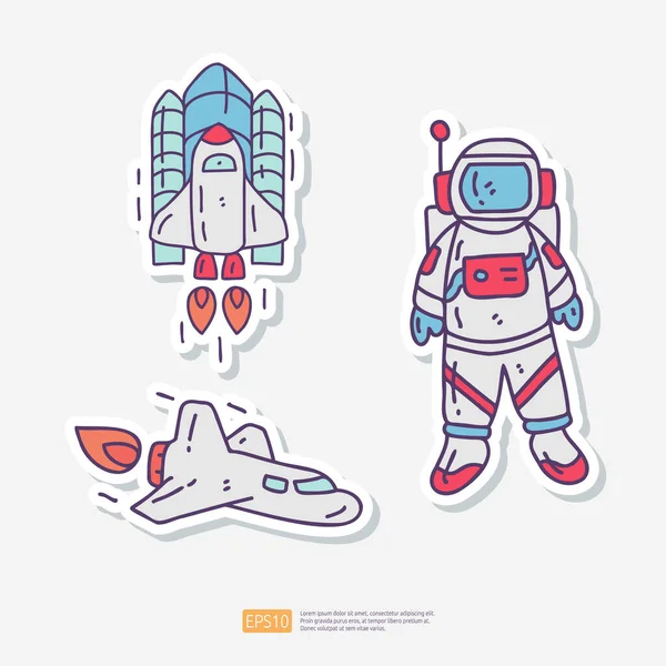 Astronauten Und Space Shuttle Rocket Doodle Sticker Icon Set Weltraumabenteuer — Stockvektor
