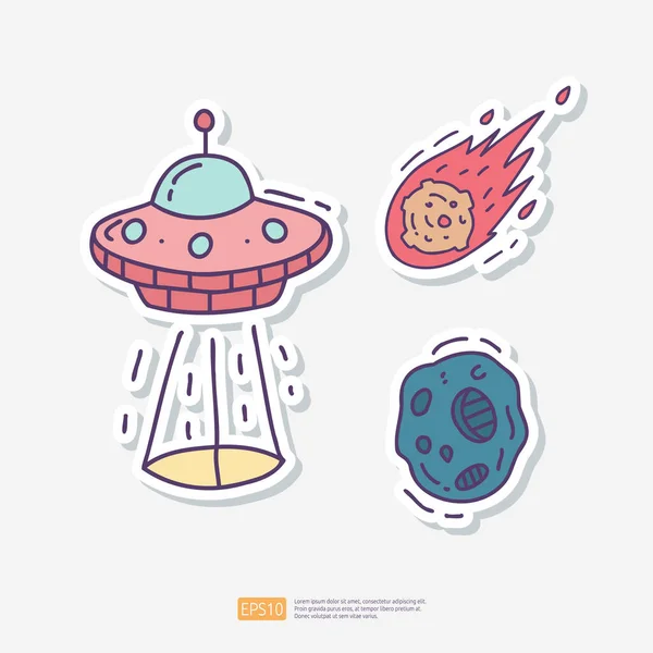 Ufo Space Ship Flying Fire Meteor Asteroid Meteor Doodle Sticker — Stock Vector
