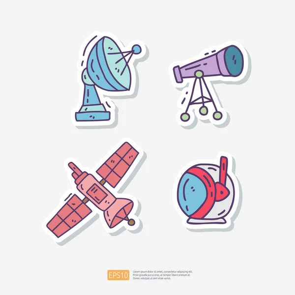 Satellitenantenne Weltraumteleskop Satelliten Raumschiff Astronautenhelm Doodle Sticker Set Weltraumabenteuer Und — Stockvektor