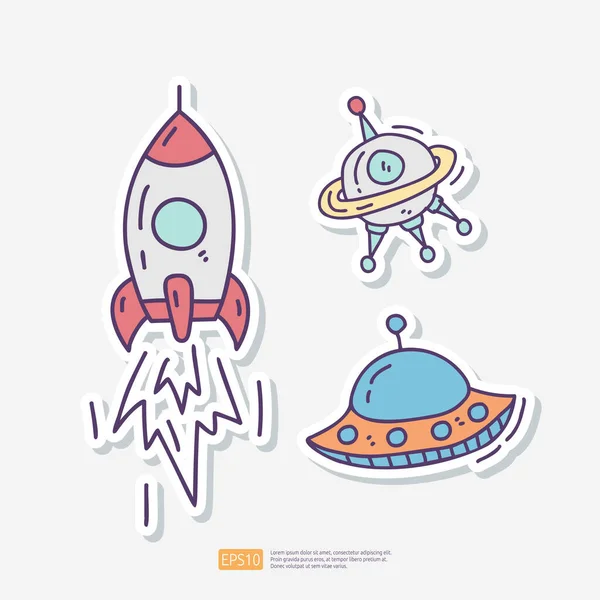 Cohete Nave Vectorial Ovni Nave Espacial Doodle Etiqueta Engomada Conjunto — Vector de stock
