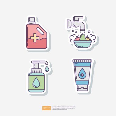 Sıvı deterjan, sebze ve meyve, sıvı sabun veya losyon, antibakteriyel losyon tüpü. Temiz ve dezenfekte etiketi simgesi. Vektör illüstrasyonu