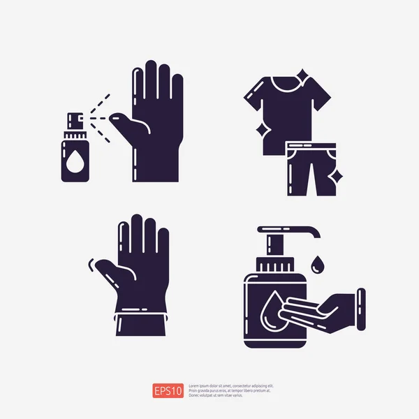 Mão Usando Spray Antibacteriano Roupas Limpas Higiene Mão Usando Luvas — Vetor de Stock