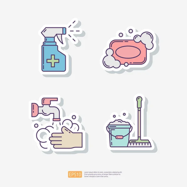 Desinfektionsspray Seifenbar Und Blase Hand Waschen Eimer Und Besen Reinigen — Stockvektor