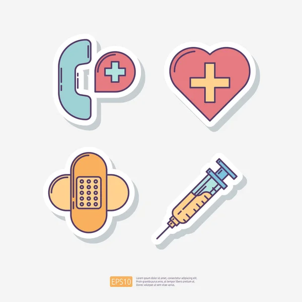 緊急医療コールサポート 心臓の健康管理 接着プラスター 注射器注射器 医療と健康のステッカーセットのアイコン ベクターイラスト — ストックベクタ