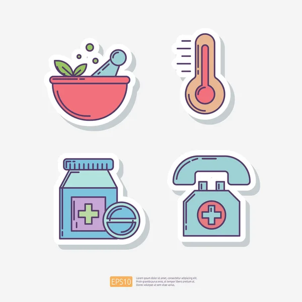Naturopathic Medicine Heat Thermometer Medical Pill Bottle Emergency Medical Call — Stock Vector