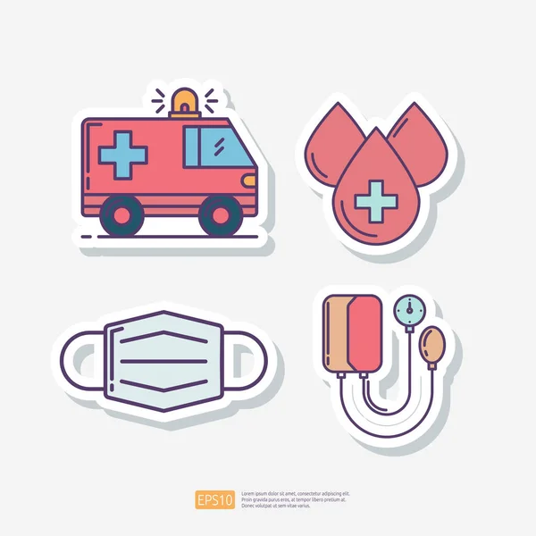 Ambulance Urgence Goutte Sang Don Avec Croix Masque Médical Sphygmomanomètre — Image vectorielle