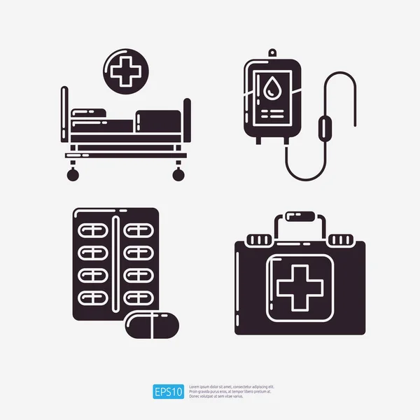 Krankenhausbett Blutspende Und Transfusion Medikamentenpackung Verbandskasten Symbolbild Für Medizin Und — Stockvektor