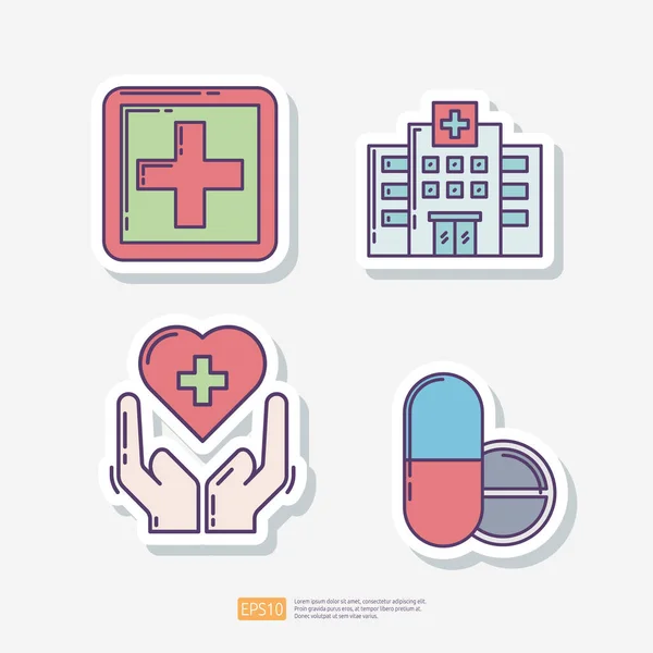 Elsősegély Doboz Kórházi Épület Szív Egészségügyi Ellátás Orvosi Tabletta Tabletta — Stock Vector