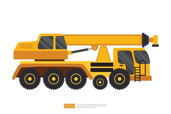 白い背景の黄色いクレーン トラックのイラスト 隔離された建設車両 重機の商業輸送車フラットベクター — ストックベクタ