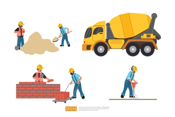 Byggarbetsplats Mixer Cement Lastbil Tunga Fordon Och Builder Eller Arbetare — Stock vektor