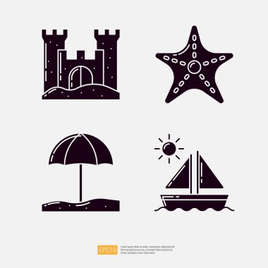 Kum Kalesi, Denizyıldızı Hayvanı, Plaj Şemsiyesi, Yelkenli Gemi. Yaz Tatili Katı Kabartma Simgesi Vektör İllüstrasyonu