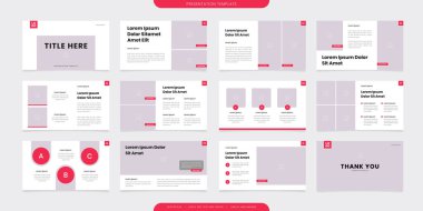 Minimalist sunum şablonları. Broşürde ve broşürde kurumsal broşür kullanımı, pazarlama afişi, reklam broşürü, yıllık iş raporu, web sitesi kaydırıcısı. Beyaz kırmızı şirket profil vektörü